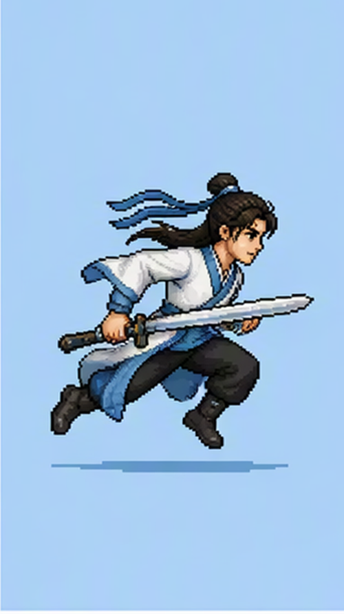 Imágenes de entrada (6 fotogramas clave – arte de píxeles wuxia)